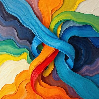 The primary subject of the image is a large, colorful painting featuring a blue and red twisted rope. The painting is displayed on a wall, which serves as the setting. The visual style of the painting is a combination of digital art and illustration, creating a vibrant and dynamic scene. The dominant colors in the painting are blue and red, which contribute to a lively and energetic atmosphere.